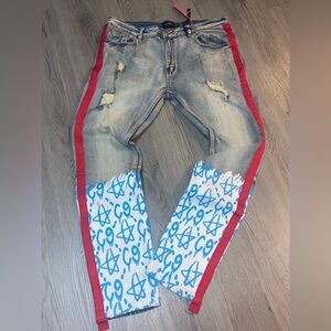 Distressed Light Wash Men’s Jeans with Red Side Stripe and Blue Graphic Panel